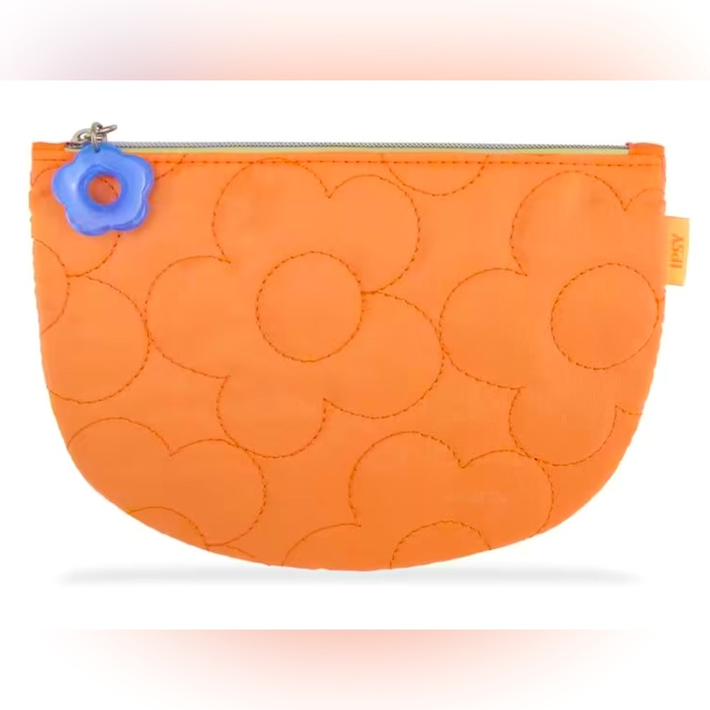 Orange Quilted Cosmetic Bag with Blue Flower Charm